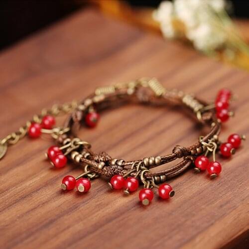 WEIYU Fashion Bohemia Handmade Vintage Stone Bracelet Red Cherry Pendant Bracelet Double Layer Rope Chain Jewelry for Women Gift