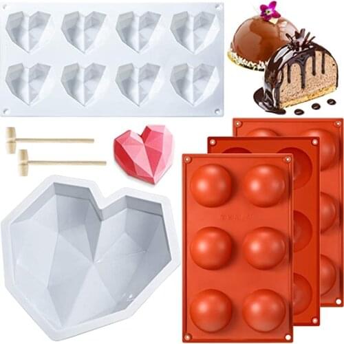 1 SET 3D Heart shape silicone Cake Mold Round Half Ball Mould With Mini Hammers Break Cakes Chocolate Dessert Number Mould Decor