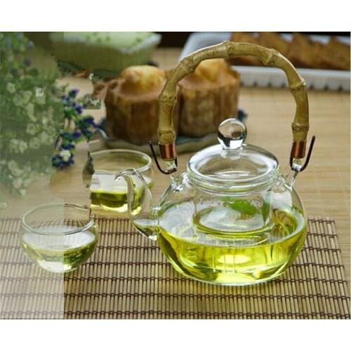 1PC Bamboo Handle Blooming Loose Leaf Tea Pot with Glass Strainer Safe Lid Dishwasher Stovetop Safe Teaset Kettle JO 1034