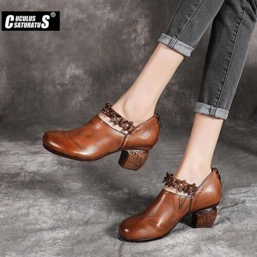 100% Genuine Leather Womens shoes high heel casual style Brown black Handmade shoes womens pumps single shoes mother shoes