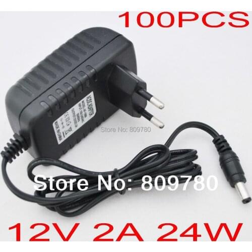 100PCS 12V2A AC 100V-240V Converter Adapter DC 12V 2A 2000mA Power Supply EU Plug 5.5mm x 2.1-2.5mm for LED CCTV