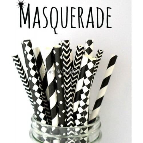 100pcs Mixed Colors Masquerade Black Party Paper Straws Striped Chevron Polka Dot Diamond Personalized Halloween Decorations