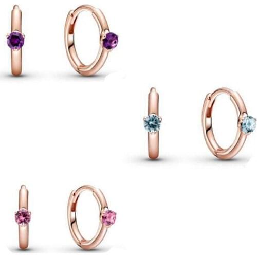 2021 New 925 Sterling Silver Rose Gold Pave Purple Light Blue Pink Stud Earrings Women Valentines Day Gift Fashion Jewelry