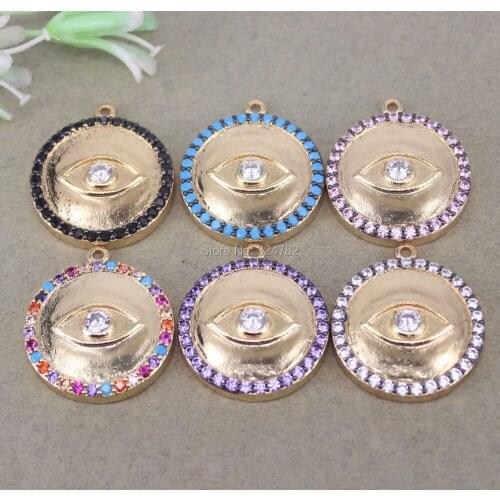 5pcs Fashion Gold Metal Copper Micro Pave CZ Round Shape Evil Eye Pendant Beads For DIY Jewelry Making
