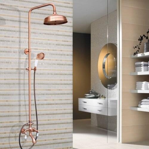 Antique Red Copper Brass Bathroom Shower Faucet Set Bathtub Shower Faucet Bath Shower Tap Rainfall Shower Head arg534