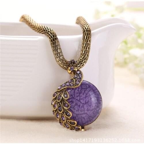 Bohemian Peacock Pendant Necklace Gold Color Metal Long Chain Purple Round Stone Statement Necklaces for Women