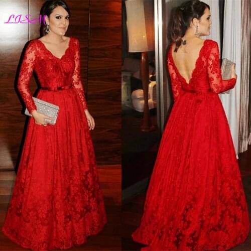 Elegant Red Long Sleeves Mother of the Bride Dresses V-Neck Lace Appliques Wedding Party Dress with Bow Belt