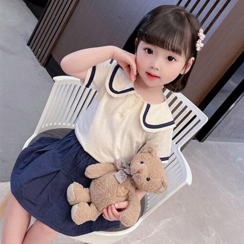 Children Girls Clothing Set 2021 Summer Preppy Style Turn Down Collar Tops+Skirts Outfit 100& Cotton Two Piece Kids Sets Costume