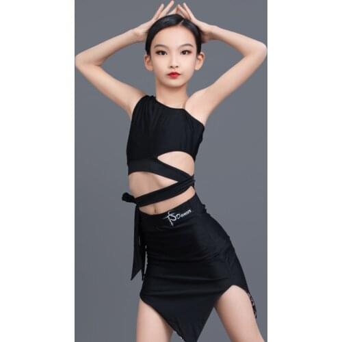 2021 Girls Latin Dance Costumes Children Latin Dance Practice Clothes Black Oblique Shoulder Split Suit Performance Wear SL4896