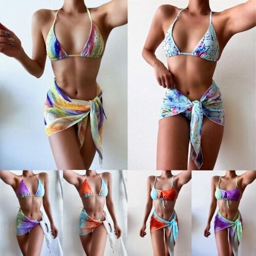 2021 Summer New Womens Bikini Set Tube Top Tie-dye Sexy Bikini Swimsuit Women Lace-up Halter Three-piece Set