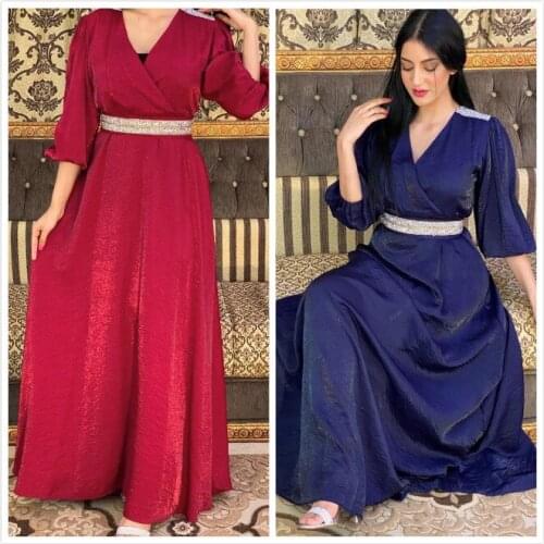 Middle Eastern Clothing Evening Prom Dresses with Diamond Belt Women V-neck Puff Sleeve Kuftan Vestido Turkish Abaya Woman Dress