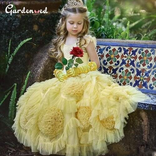 Puffy Aline Pink Flower Girl Dresses Ruffles Girl Princess Dress Lace Kids First Communion Dresses Girl Birthday Dress New Year