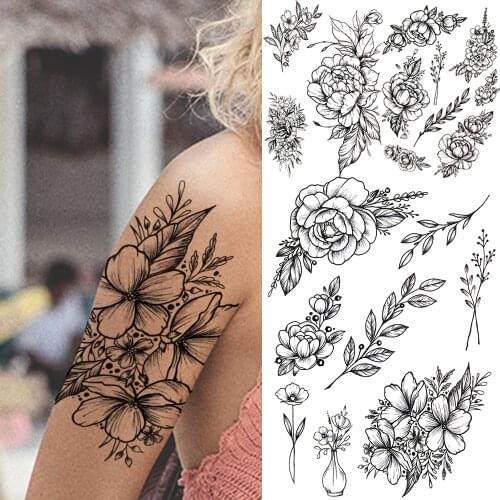 Sexy Flower Temporary Tattoos For Women Girls Fake LIly Dahlia Orchid Peony Rose Tattoo Sticker Black Leaves Flora Body Tatoos