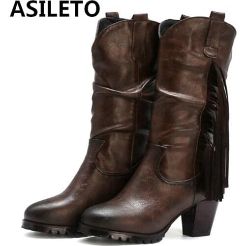 Vintage Tassel Western Cowgirl Boots for Women PU Leather Block Heels Pasture Shoes 2022 New Winter Bota Zapatos De Mujer S2368