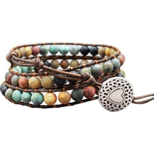 Women Bohemian Boho Bracelets Vintage Leather and Natural Stone 3 Multi-Layer Strands Woven Handmade Wrap Bracelets Heart Charm