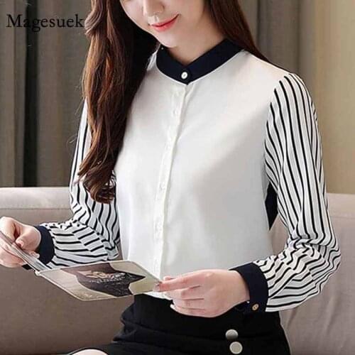 Long-Sleeve Stand-up Collar 2020 Autumn New Office Lady Shirt Women Plus Size Chiffon Ladies Tops Korean Striped Blouse 10751