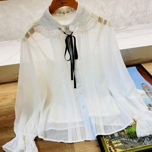 White Floral Embroidery Shirt Women 2021 Spring Summer Runway Designers Vintage Long Sleeve Chiffon Womens Tops and Blouses