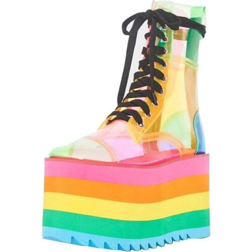 Womens Clear Transparent Platform Ankle Boots Rainbow Colors Flowers Lace Up Wedge High Heel Shoes Luxury New 2022