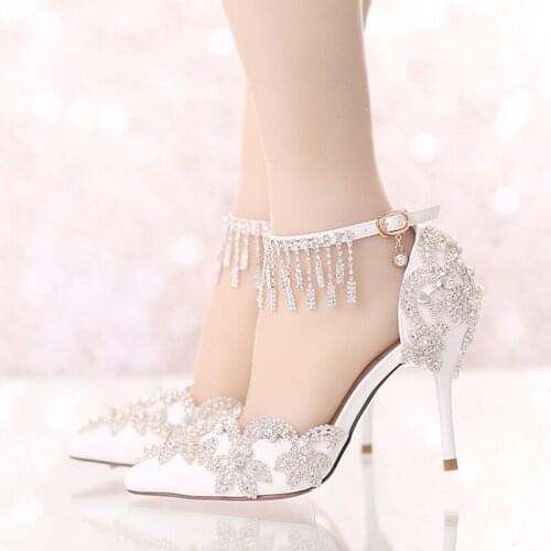Summer new white pointed crystal wedding shoes stiletto super high bridal shoes one-word buckle with rhinestone womens sandals