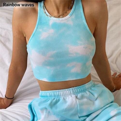 Rainbowwaves 2021 Women Sport Crop Tops Sexy Summer Halter Fashion Corset Top Tie Dye Tank Tops