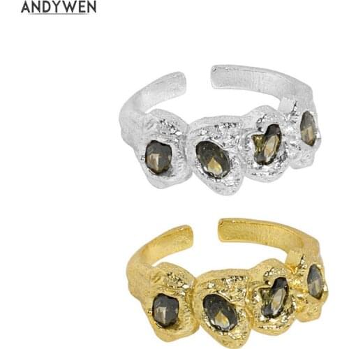 ANDYWEN 925 Sterling Silver Gold Four Olive Green Zircon CZ Resizable Rings Women Luxury Jewelry 2021 Wedding Rock Punk Party