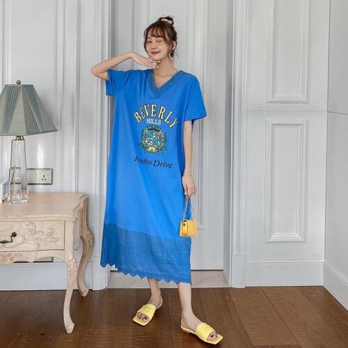 NYFS Summer Dress 2021 Korean New Loose Lace V-neck Short Sleeve Woman Dress Vestidos Robe Elbise Fashion Print Long Dress