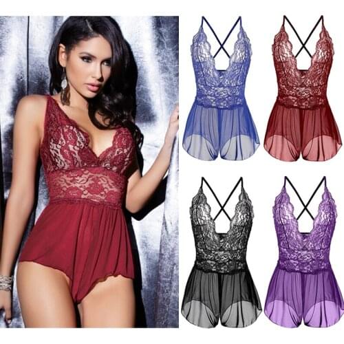 Women Sexy Lingerie V Neck Sleeveless One-piece Nightwear Lace Ladies Sleepwear Dress Babydoll Lace G-string Female Sex Costume