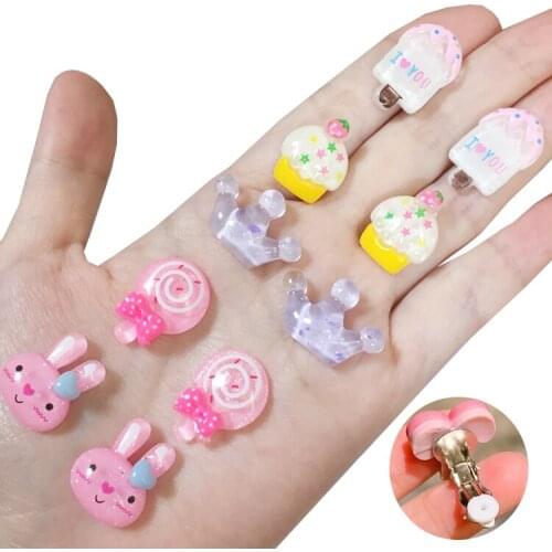 5pairs Cute Cartoon Rabbit / Crown / ice cream Ear Clips Children Clip Earrings Girl Resin no Piercing earring for children kids