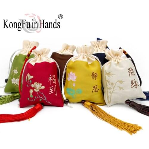 Chinese Style Antique Sachet Woven Embroidered Lotus Plum Flower Bamboo Jewelry Storage Bag Stitching Tassel Beautiful Sachet
