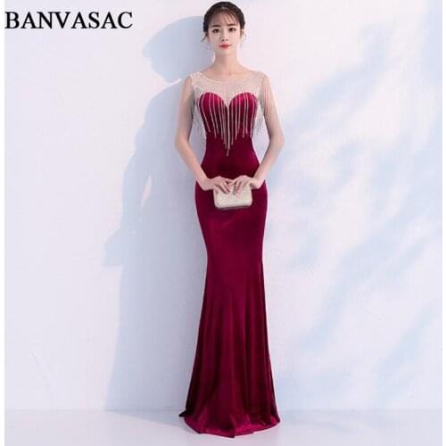 BANVASAC Elegant Crystal Tassel O Neck 2019 Velour Mermaid Long Evening Dresses Party Illusion Zipper Back Prom Gowns