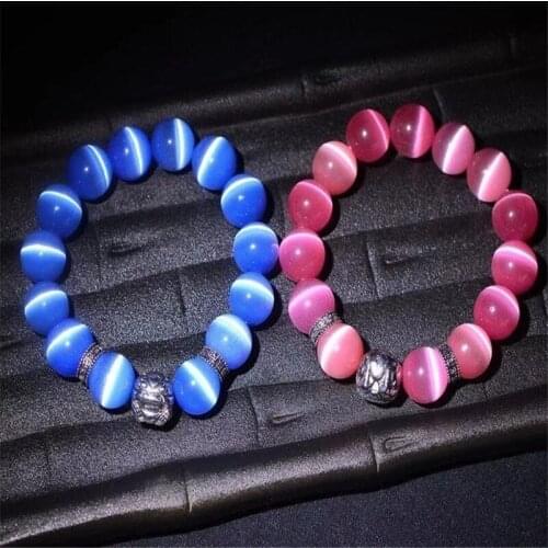Natural Stone Pink blue Cat Eye Bracelet Elastic Rope Charms Round Beaded Bracelet14MM for Women Men Friend Lucky Gift