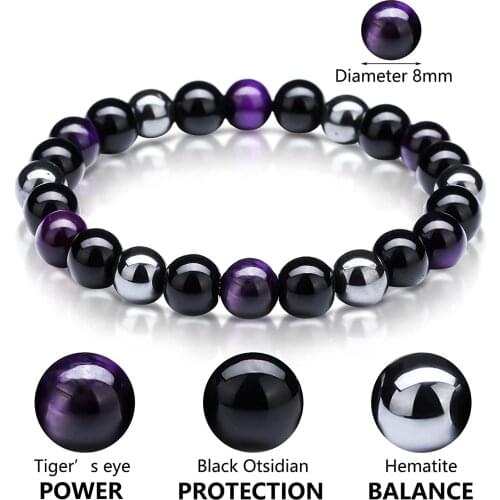 Triple Protection Bracelet Men Purple Tiger Eye Hematite Black Obsidian Protection Healing Bracelet For Women Men Beads Jewelry
