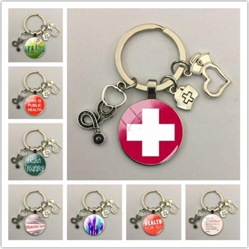 Health For All Picture Keychain Glass Cabochon Flat Back Camouflage Nurse Doctor DIY Gift Keychain Jewelry Gift