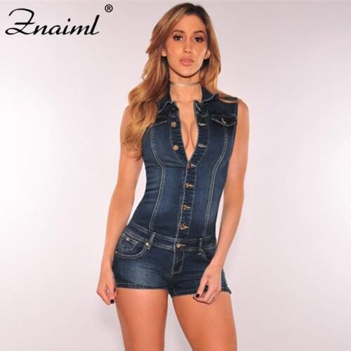 Znaiml Denim Playsuit For Women Sleeveless Turn-down Collar Single-Breasted Bodycon Rompers Jeans Jumpsuits Sexy Club Outfits
