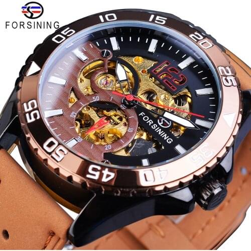 Forsining Brand Mens Watch Automatic Sports Casual Brown Genuine Leather Strap Skeleton Luminous Hands Mechanical Wrist Watches