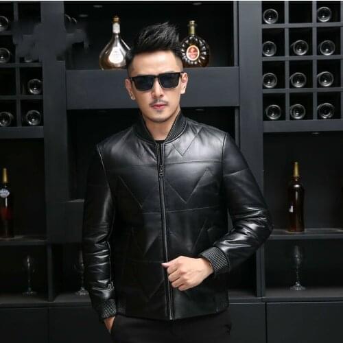 Leather Jacket Men Winter Bomber Jacket Real Sheepskin Coat Duck Down Baseball Jackets Plus Size Jaqueta De Couro 18016 YY531