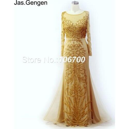 New Illusion Line With Sleeve vestidos de fiesta Prom Dress Hand Make Crystal Beading Elegant Mermaid Gold Evening Dress 933
