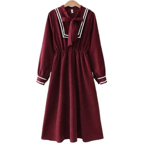 Spring Japanese New Preppy Style Bow Tie Strap Slim Slimming Long Sleeved Cotton Dress Women Midi Skirt 2112980