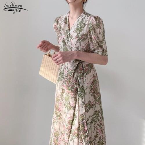 Office Lady Plus Size Thin Print Long Dress V-neck Floral Elegance Lace Up New Chic Sexy Gentle Sweet Streetwear Vestidos 14518