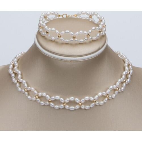 16" 2 Strands Natural White Pearl Necklace Bracelet Sets For Women