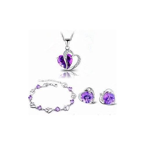 New Fashion heart design 925 sterling silver jewelry set cubic purple crystal necklaces & pendants 45cm 1set/lot