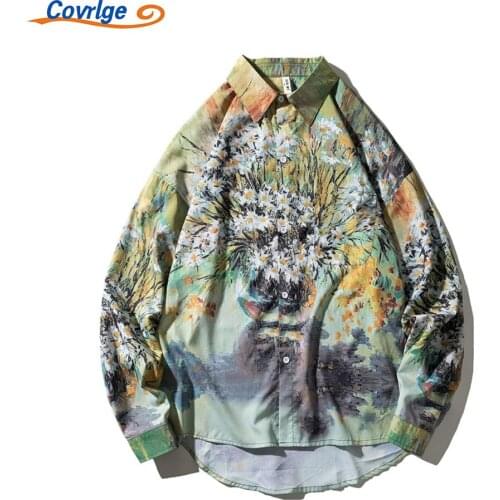 Covrlge Mens Shirts Tide Brand Flower Shirt Oil Painting Printing Loose Shoulders Casual Fashionable Clothing MCL311