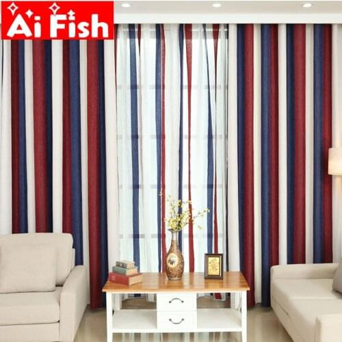 Mediterranean Yellow-blue chenille vertical window curtains for living room Red-blue stripe yarn-dyed tulle curtains MY018-30