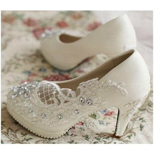 Crystal rhinestones wedding shoes woman white silver lace handmade lace brides shoes lady plus size party shoes