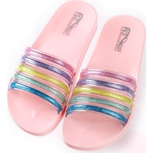 Transparent Rainbow Teen Girls Slippers Kids House Shoes Summer 2020 Crystal Slippers Indoor Home Non-Slip Bathroom Slippers New