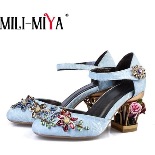 MILI-MIYA New Arrival Genuine Leather Flower Cutout Block Heels Pumps Round Toe Embellished Crystal Wedding Dress Shoes Women