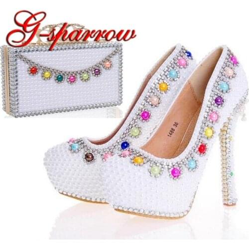 2018 Women High Heel Platform Shoes with Matching Bag Wedding Bride Fashion Shoes and Clutch White Pearl Birthday Party Pumps