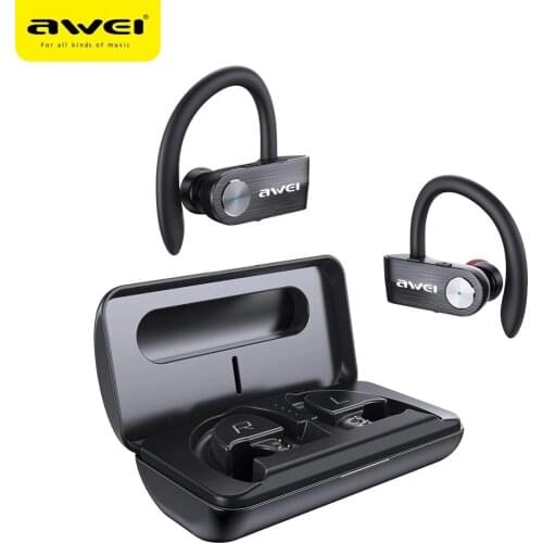 AWEI TWS Sport Waterproof Earphones 9D Stereo True Wireless Bluetooth Earbuds Long time Playing Charging Phone Case T22 With Mic