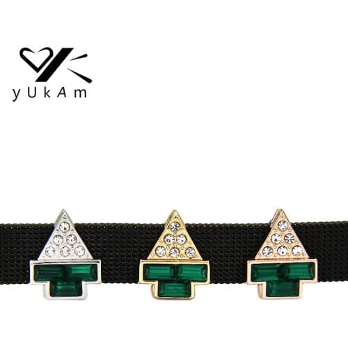 YUKAM Slider Jewelry Green Crystal Rhinestone Christmas Tree Slide Charms Keeper for Stainless Steel Mesh Keeper Bracelet Making