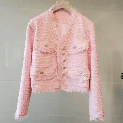 New Arrival Runway Womens High Quality French Luxury All-Match Casual Tweed Jacket Coat Elegant Lovely Pink Outerwear